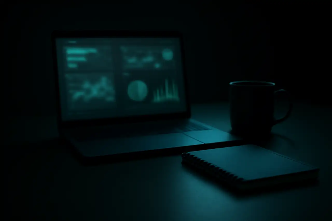 Dark desk with a laptop showing an abstract dashboard